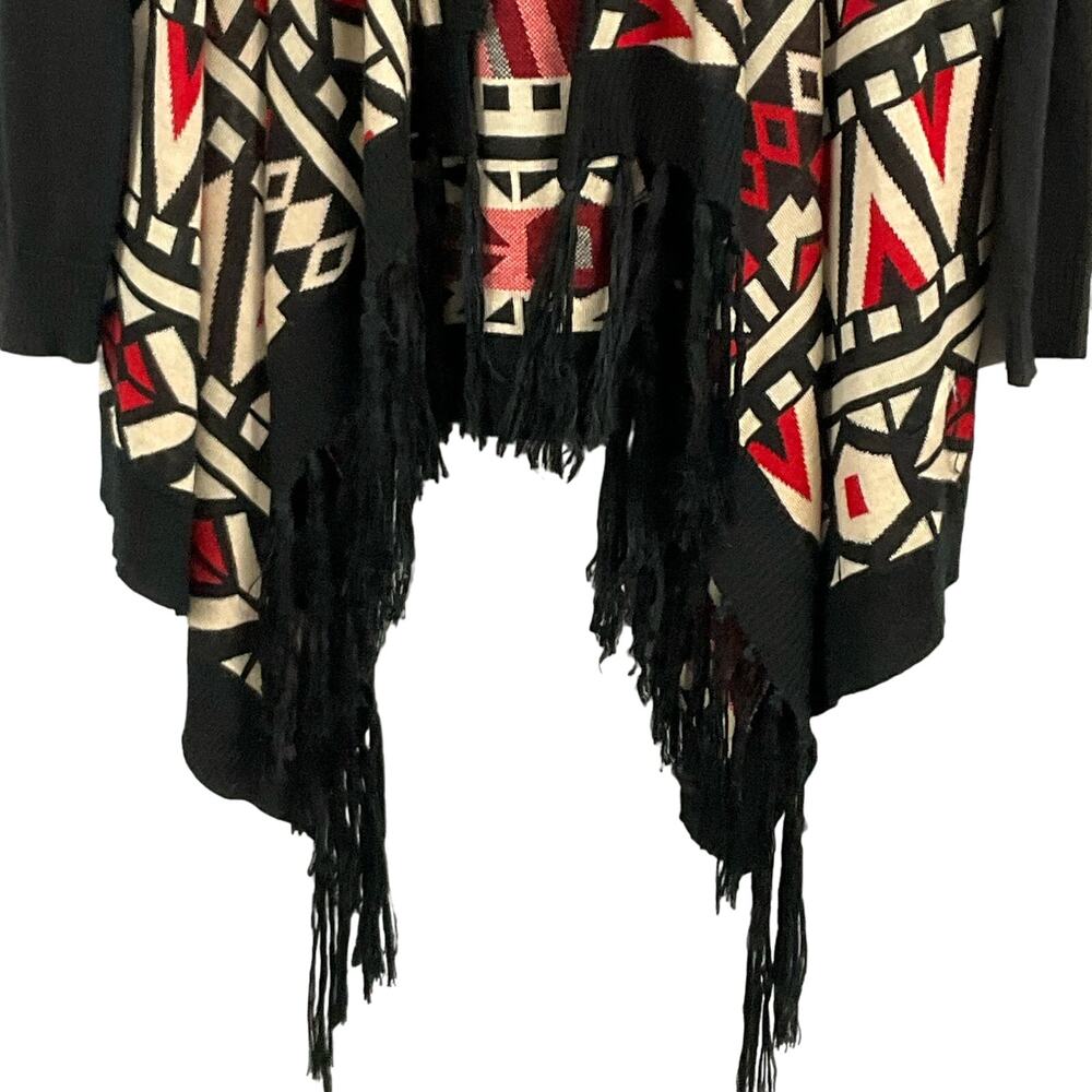 JEALOUS TOMATO Tribal Cardigan Sweater  Fringe Southwestern Aztec Black sz L Art - Picture 4 of 11